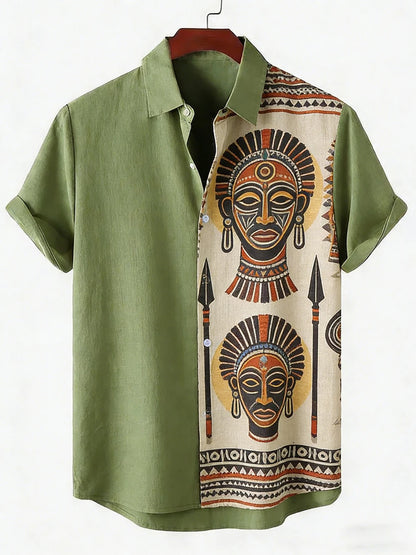 2026 Daily Men's Casual Short Sleeved Shirt with Natural Ethnic Pattern Printed Shirt Hawaii Beach Vacation Clothing