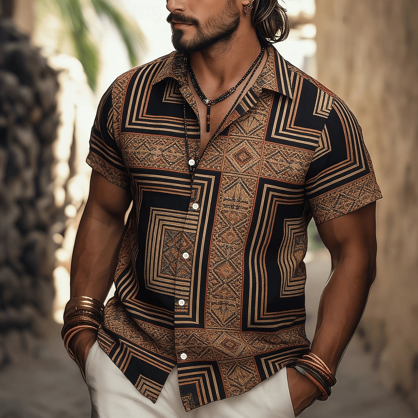 Men's Ethnic Tribal Geometric Print Short Sleeve Shirt, Vintage Pattern Button Down For Spring Summer Casual