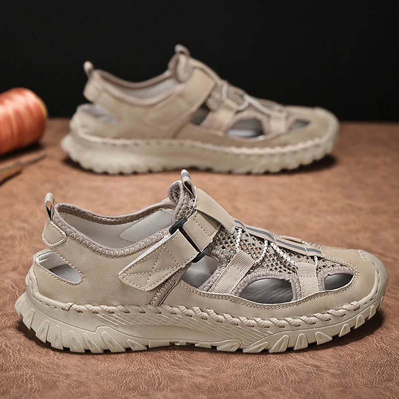 Men Outdoor Protective Toe Sandals Hollow Breathable Mesh Upper Quick Dry Lining Non Slip Walking Camping Driving Casual Shoes