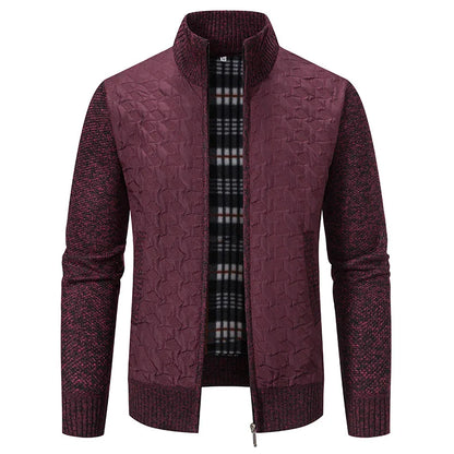 Mens Sweaters Jacket Full Zip Fleeced Sweater Cardigan Plaid Stand Collar Sweaters Coat Autumn Winter Homme Clothes