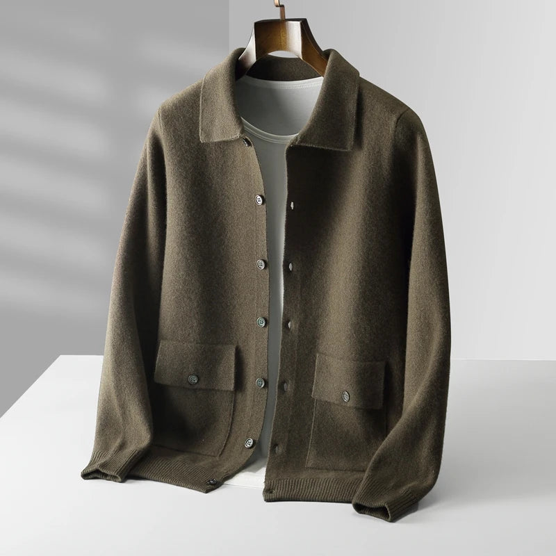 Autumn And Winter 100% Cashmere Cardigan Men's POLO Collar Coat Knitted Baseball Uniform Jacket Bottoming Wool Sweater