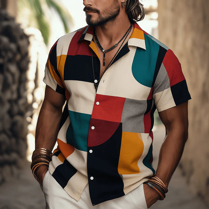 Men's Ethnic Tribal Geometric Print Short Sleeve Shirt, Vintage Pattern Button Down For Spring Summer Casual