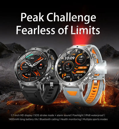 Newly Durable 1400mAh Large Battery Smart Watch Men 1.7" HD Screen IP68K Waterproof LED Flashlight Sports BT Call Smart Bracelet