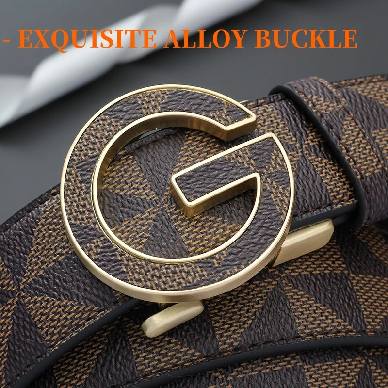 Men's Luxury Automatic Buckle Belt Classic Triangle Pattern PU Leather Business Casual Waistband for Jeans