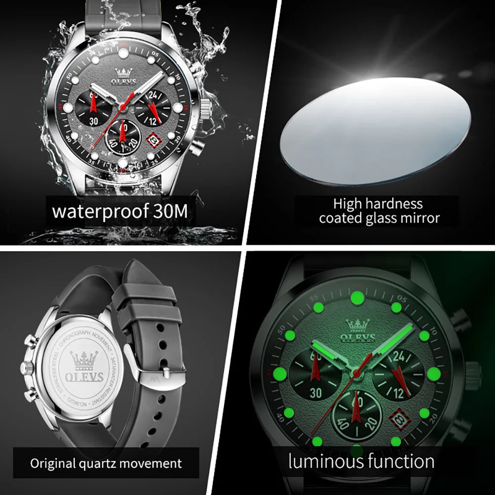 OLEVS 5602 Mens Watch Original Fashion Bright Colors Silicone Strap Quartz Wristwatch Waterproof Luminous Reloj Chronograph Date