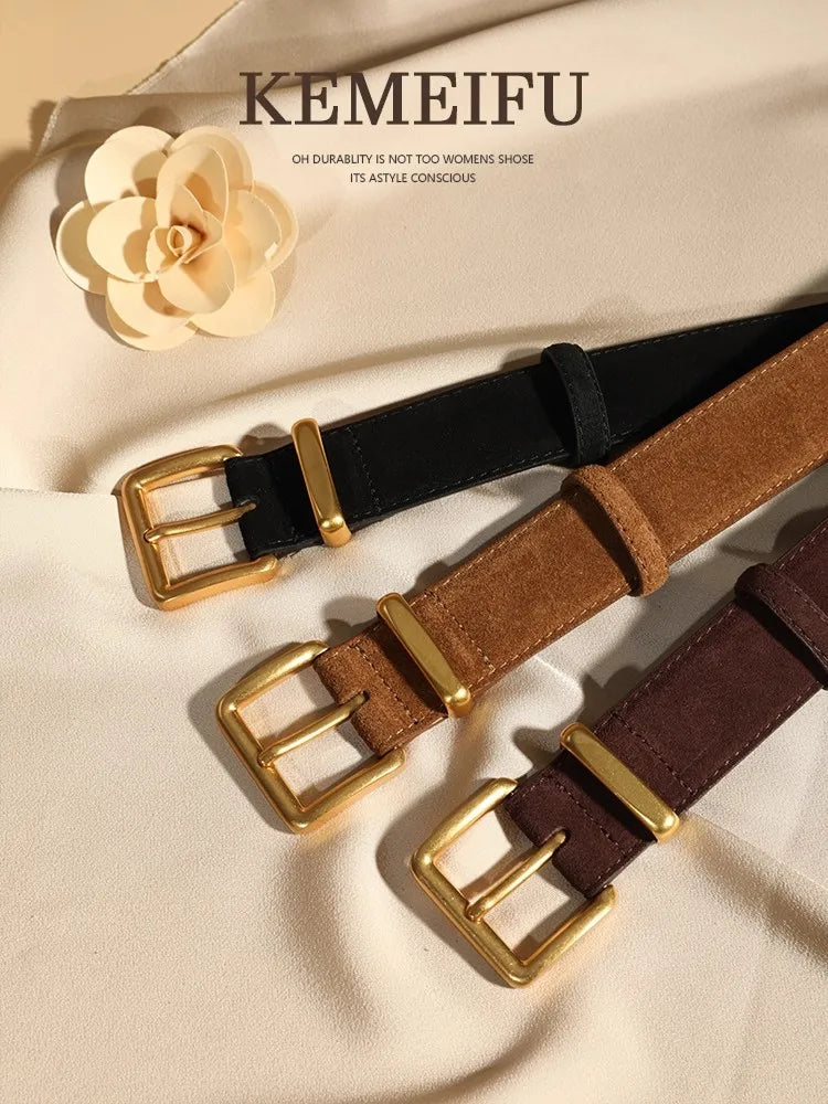 Fashion Suede Cowhide Womens Belts Genuine Leather Luxury Designer Belt Slim Waist Dresses Jeans Girdle