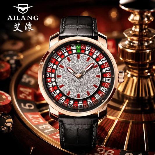 AILANG Fashionable and Noble Red Top Men Mechanical Watch Button Gambling Table Game Roulette Watches Pointer Sapphire Watch