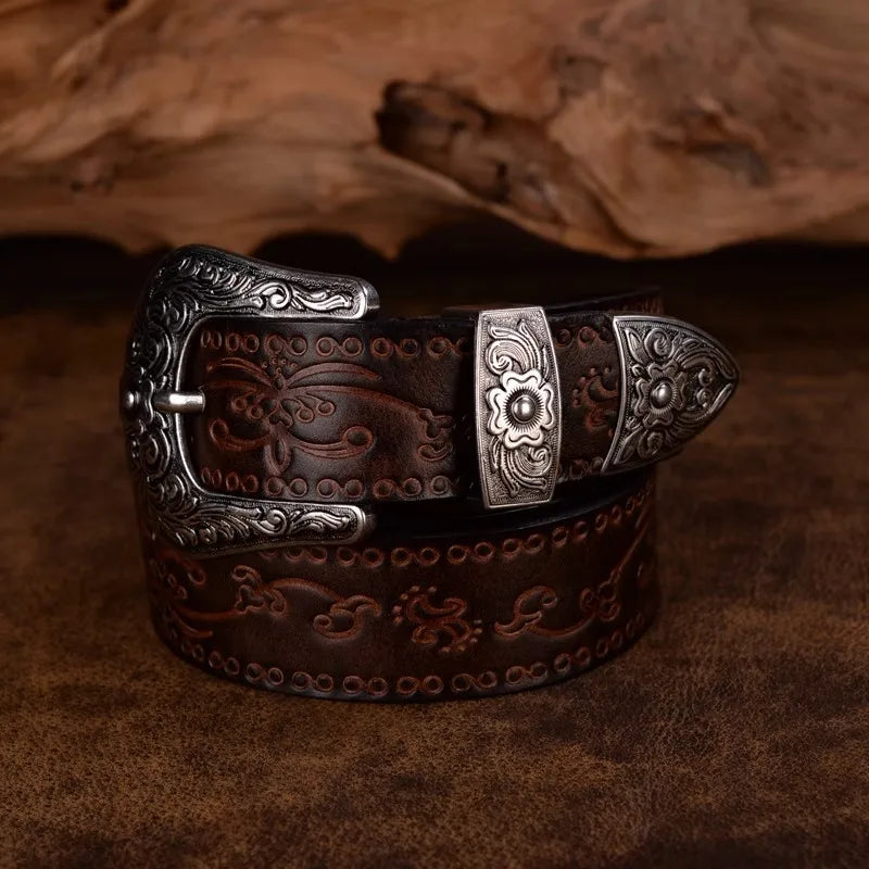 High Quality Court Style Embossed Western Cowboy Steel Buckle Belt Genuine Leather Designer Men Belt Punk Jeans Belts For Men