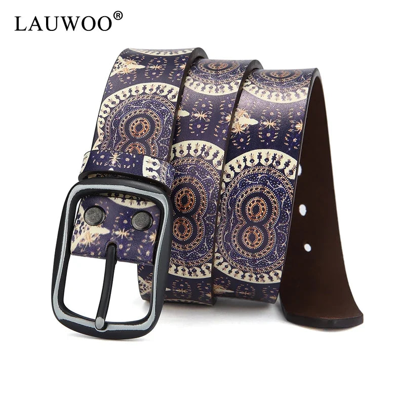 LAUWOO Women Belt Luxury Brand Genuine leather belt for men fashion printed belts  for women Retro Unisex Casual Jeans Belts