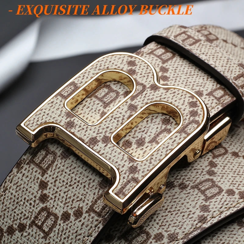 Classic B Print Leather Belt for Men - Adjustable Ratchet Buckle Dress Belt for Suits & Trousers
