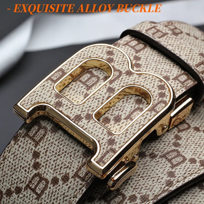 Classic B Print Leather Belt for Men - Adjustable Ratchet Buckle Dress Belt for Suits & Trousers