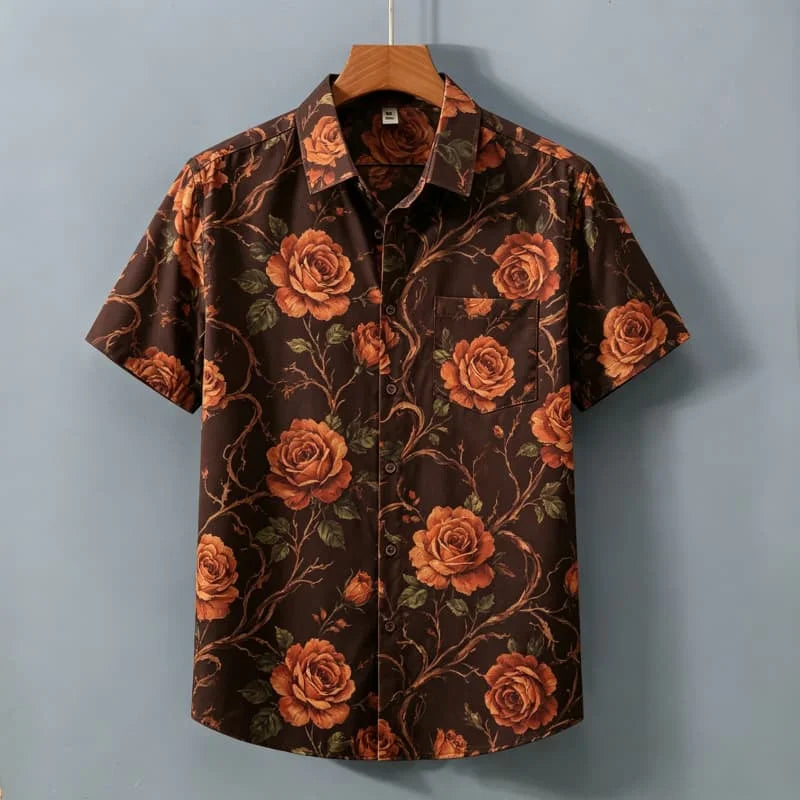 Men's Retro Floral Printed Short Sleeved Shirt With pockets, Elegant Retro style, For commuting, Light vacations, Dates