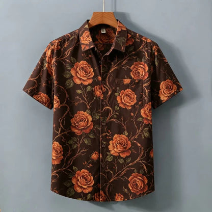 Men's Retro Floral Printed Short Sleeved Shirt With pockets, Elegant Retro style, For commuting, Light vacations, Dates