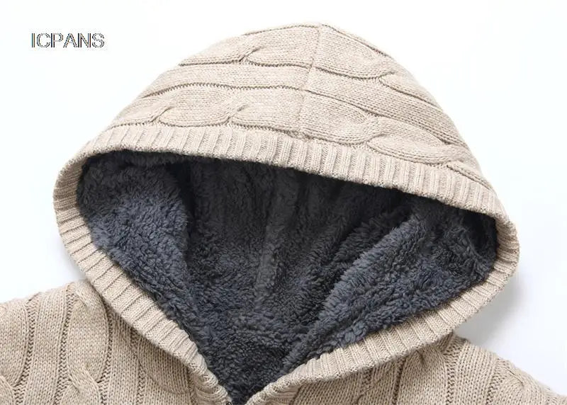 Men's Hooded Knit Winter Sweater Warm Fleece Liner Cardigan Black Khaki Knitwear Jacket Coat Clothing