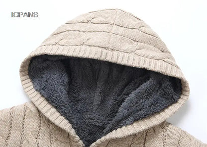 Men's Hooded Knit Winter Sweater Warm Fleece Liner Cardigan Black Khaki Knitwear Jacket Coat Clothing