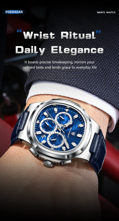 POEDAGAR Top Business Man Wristwatch Date Chronograph Waterproof Luminous Luxury Men Watch Leather Quartz Men's Watches Male+Box