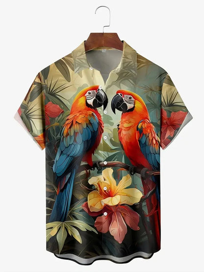 Men's vibrant parrot floral print Hawaiian shirt, men's summer vacation casual short-sleeved button-up beach shirt