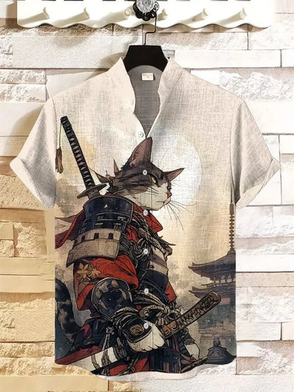 Men's Edo Cat Samurai Warrior Japanese Art Anime Shirts 3D Print Casual Hawaiian Shirts Summer Men Women Short Sleeve Blouse Top