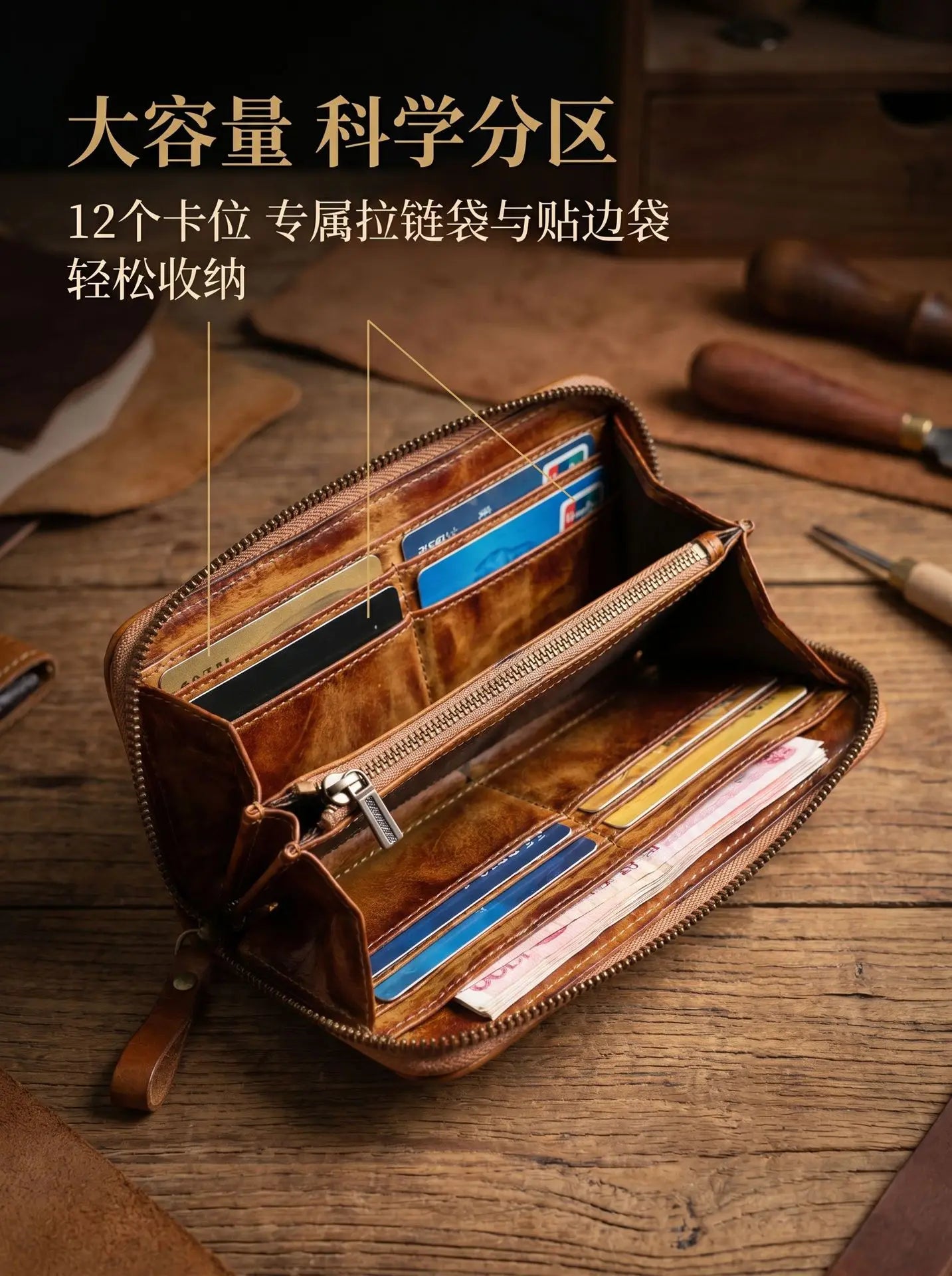 YETTIES Men's Vegetable Tanned Leather Long Clutch Wallet Large Capacity Multi-Function Document Vintage Business Handheld Purse