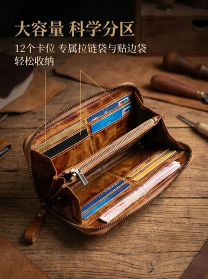 YETTIES Men's Vegetable Tanned Leather Long Clutch Wallet Large Capacity Multi-Function Document Vintage Business Handheld Purse