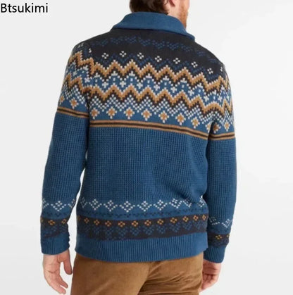 2026 Men's Winter Knitted Sweater Jacket Vintage Jacquard Cardigan Sweaters Lapel Single Breasted Knitted Sweater Coats for Men