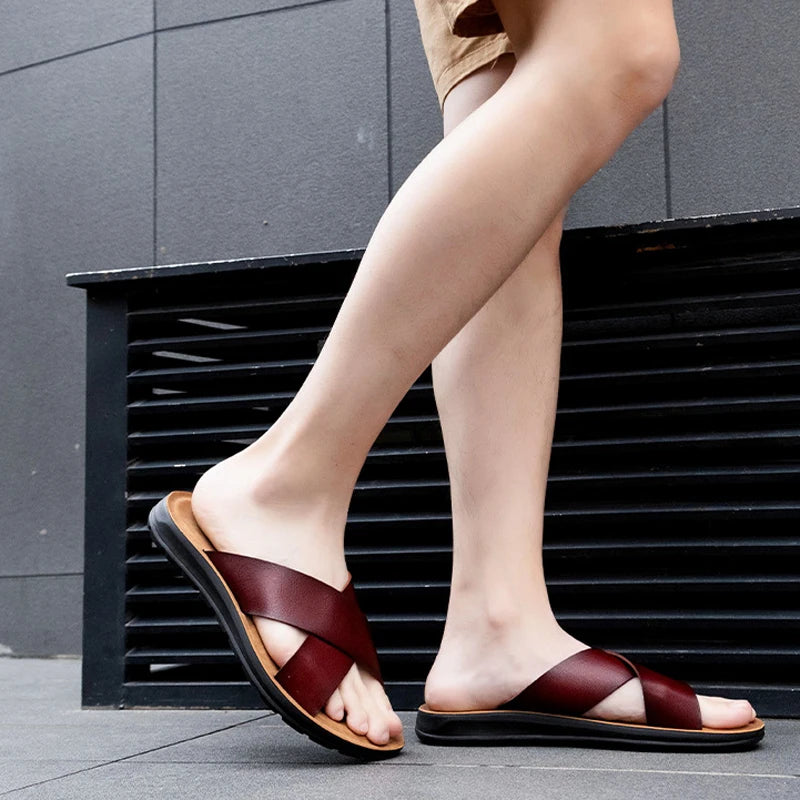 Men Summer Shoes Italian Leather Slippers Outdoor Men High Quality Big Size 38-47 Beach Flip Flops Slip on Men's Sandals MSH038