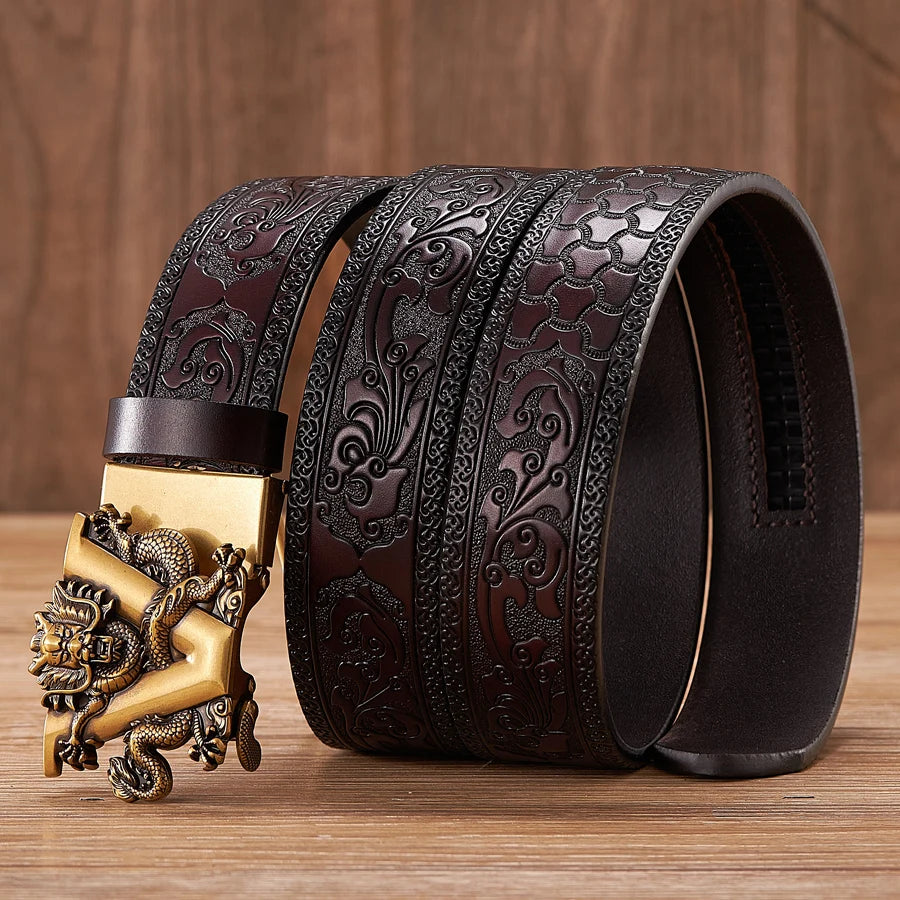 3.5cm Fashion Embossing Retro Male Belts for Men Business Split Leather Belt Dragon Pattern Automatic Buckle Strap