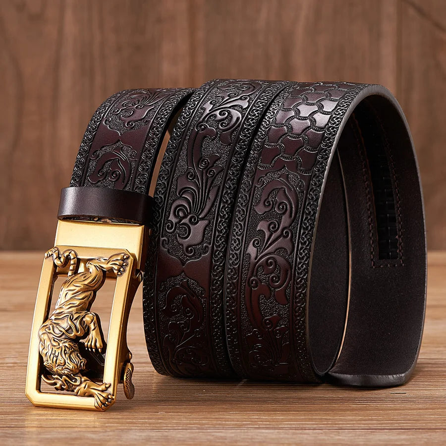 3.5cm Fashion Embossing Retro Male Belts for Men Business Split Leather Belt Dragon Pattern Automatic Buckle Strap
