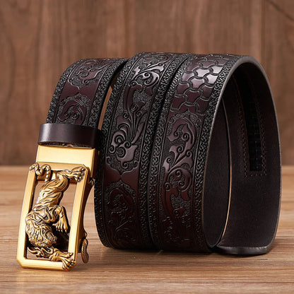 3.5cm Fashion Embossing Retro Male Belts for Men Business Split Leather Belt Dragon Pattern Automatic Buckle Strap