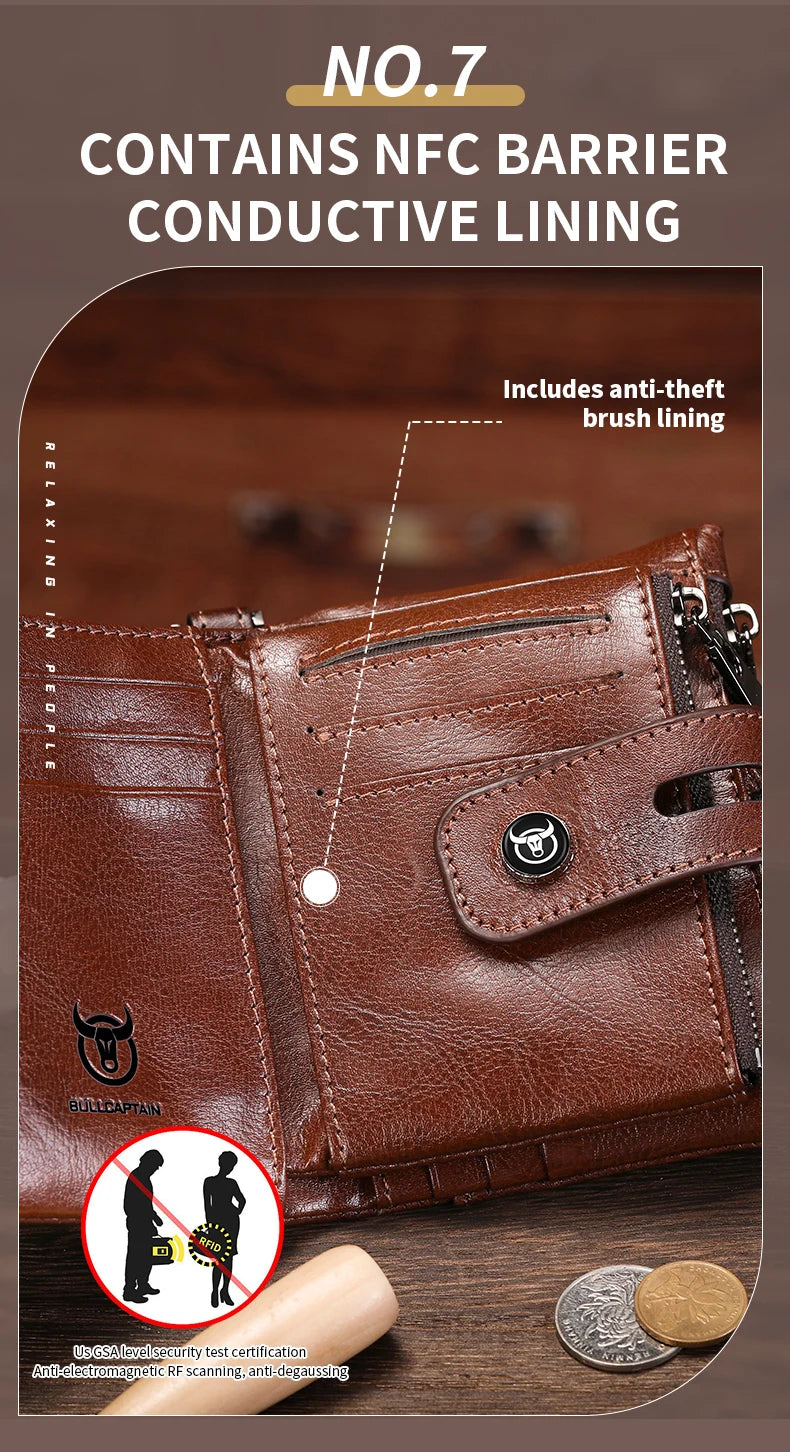 BULLCAPTAIN Men's Genuine Leather Wallet Business Retro Snap Wallet Multifunctional RFID Anti-Theft Zipper Multi-Card Coin Purse