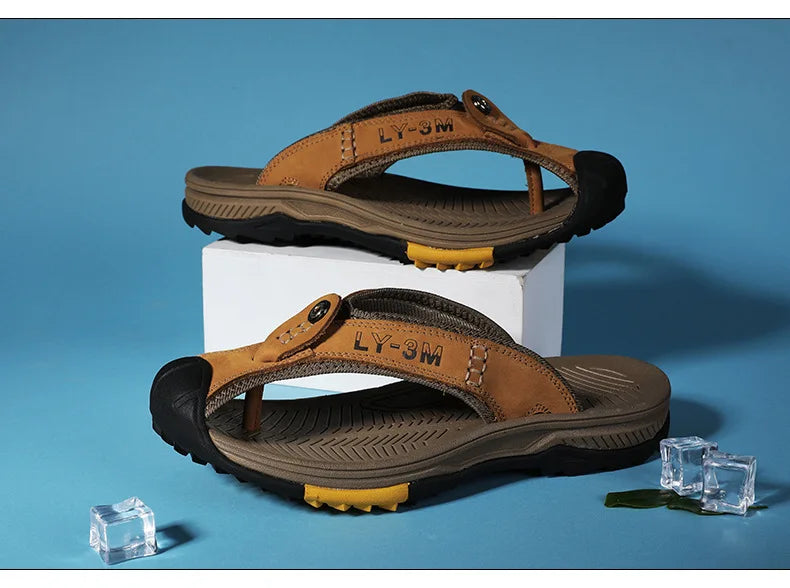 Genuine Cow Leather Shoes Men Sandals Flip Flops Men's Casual Shoes Classic Massage Men Beach Slippers Anti-slip Summer 2025 New