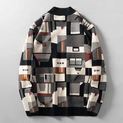 Geometric Oil Painting Camouflage Irregular Cardigan Sweater Men's Plus Size Widened Autumn New Outer Wear Jacket Top Preppy