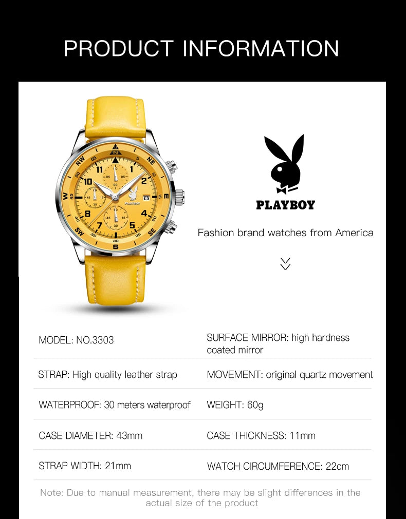 PLAYBOY Luxury Quartz Men's Watches Fashion Casual Leather Strap Sports Chronograph Wristwatch Original Waterproof Watches 3303
