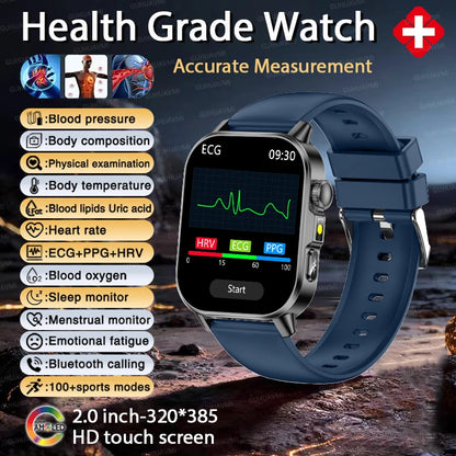2026 Top Nursing Grade ECG+PPG Smart Watch Men Accurate Blood Pressure Lipids Uric Acid 2.0-inch AMOLED Screen HD Call Watch Men