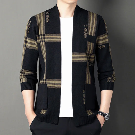 Autumn and Winter Men's Fashion Casual Wide Stripe Knitted Cardigan Simple Coat Plaid Dress British Long Sleeve Tops