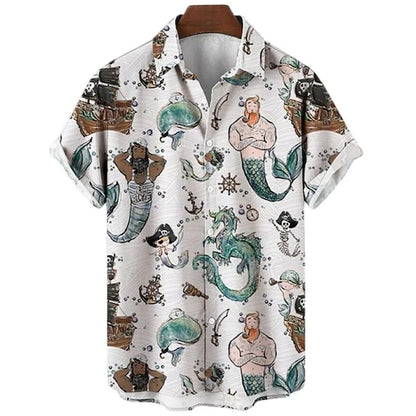 Mermaid Retro Printed Shirts Men's European And American Pattern Shirts Summer Casual Short Sleeved Shirt Hawaiian Button Shirts
