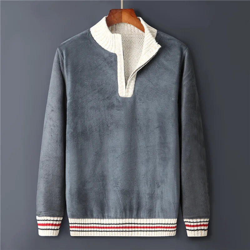 Men's Fleece Warm Half Zip Pullover Knitted Sweater Vintage Letter Print Cotton Coat Red/Black Winter Fashion