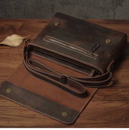 NUKA Men's Genuine Leather Shoulder Bag Retro Original Cowhide Horizontal Crossbody Deluxe Flap Messenger Bags For 11 Inch Ipad