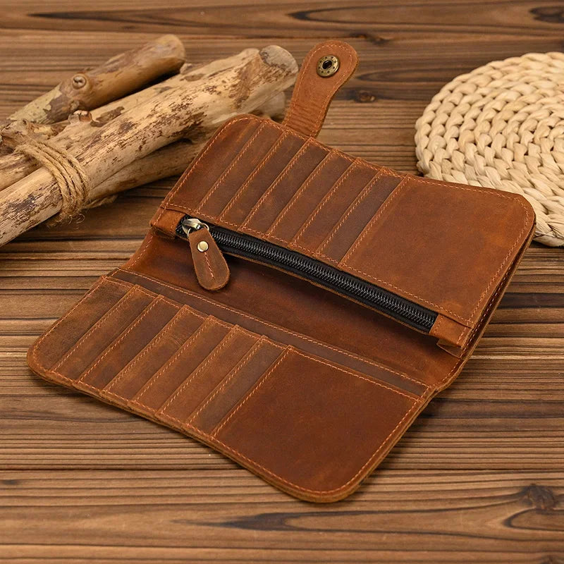 Men's Genuine Leather Wallet Chain Snap Bifold Purse Crazy Horse Leather Card Case Phone Card Holder Clutch Dragon Wallet