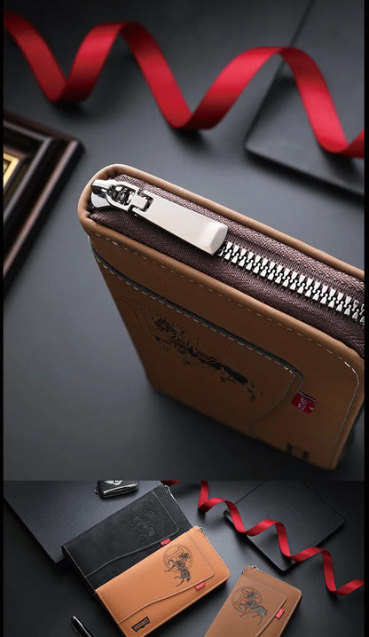 New men's wallet made of crazy horse leather with retro style from Europe and America PU zipper bag fashionable short card bag a