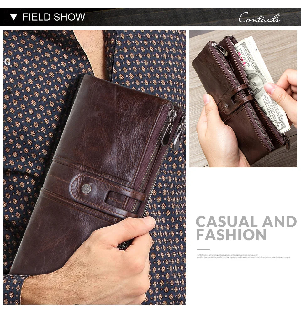 CONTACT'S Men Clutch Wallet Genuine Leather Long Wallet Hasp Card Holder Vintage Male Zipper Coin Purse Money Clip Women Purse