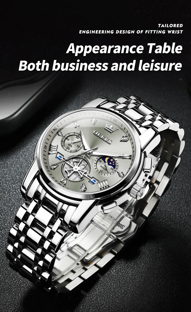 OLEVS Men's Watches Classic Multifunctional Flywheel Chronograph Original Quartz Wristwatch Moon Phase 24 Hour Waterproof Reloj