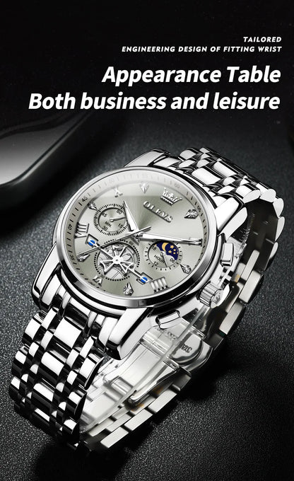 OLEVS Men's Watches Classic Multifunctional Flywheel Chronograph Original Quartz Wristwatch Moon Phase 24 Hour Waterproof Reloj