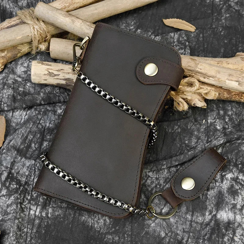 Men's Genuine Leather Wallet Chain Snap Bifold Purse Crazy Horse Leather Card Case Phone Card Holder Clutch Dragon Wallet