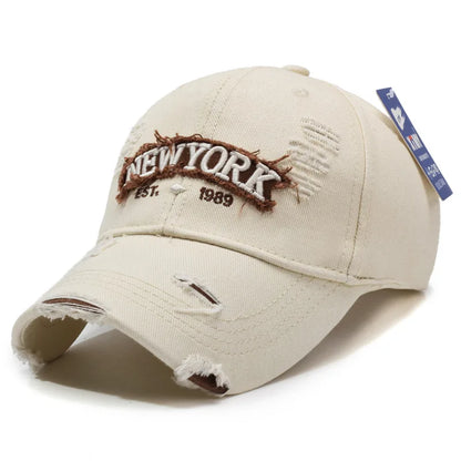 Letter New York Broken Hole Baseball Cap Washed Cotton Adjustable Embroidery Baseball Cap Sunscreen Hats For Man Women Fashion