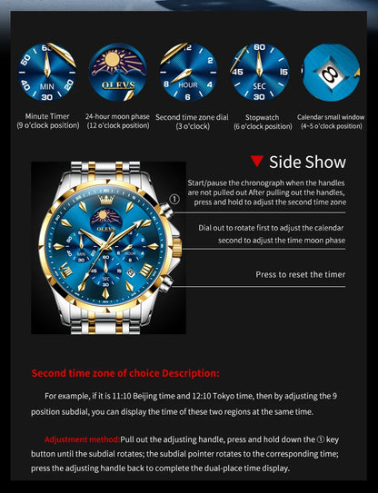 OLEVS 3653 Original Mens Quartz Watch NEW Four Functional Small Dials Chronograph 24-hour Moon Phase Stainless Steel Waterproof Man Wristwatch