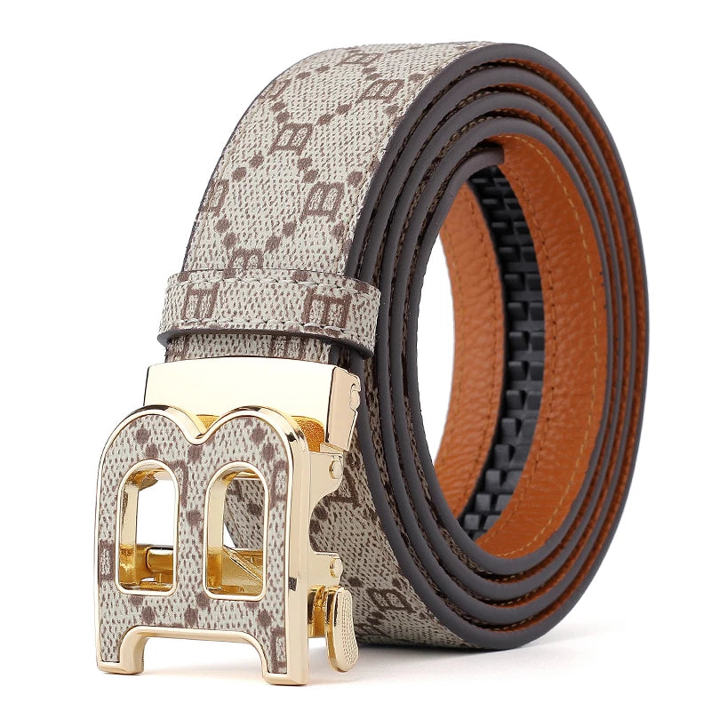 Classic B Print Leather Belt for Men - Adjustable Ratchet Buckle Dress Belt for Suits & Trousers