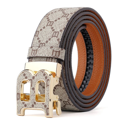 Classic B Print Leather Belt for Men - Adjustable Ratchet Buckle Dress Belt for Suits & Trousers
