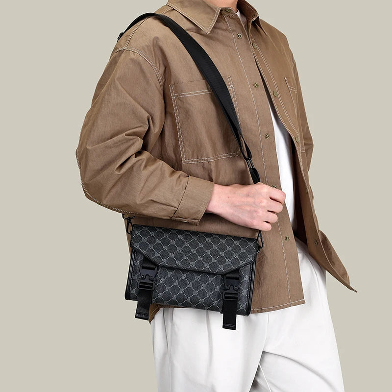 Men's Classic Printed Crossbody Bag – Gray Geometric Pattern Sling Bag with Buckle Closure Ideal for Daily Commute & Casual Wear