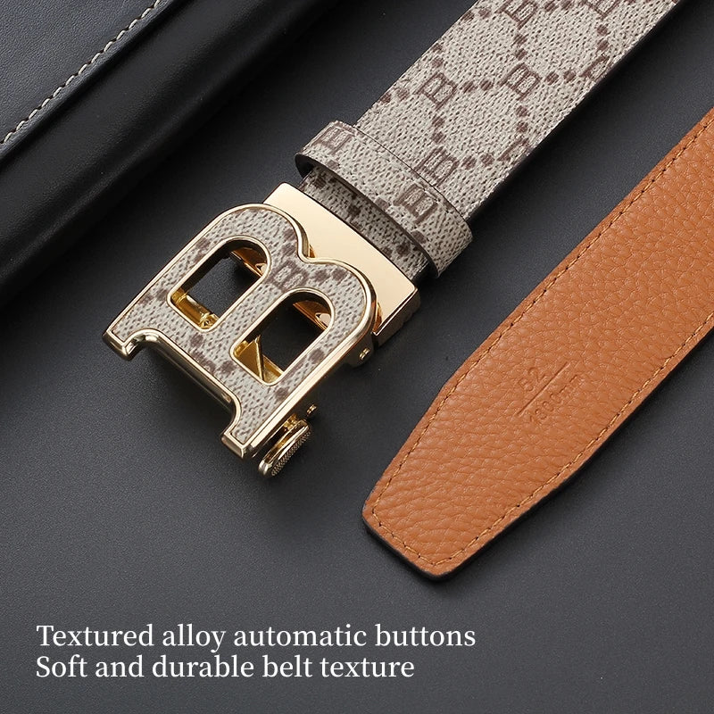 Classic B Print Leather Belt for Men - Adjustable Ratchet Buckle Dress Belt for Suits & Trousers